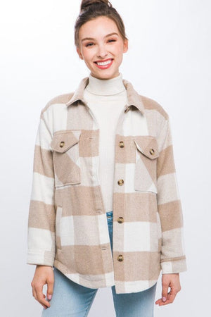 Plaid Button Down Jacket with Front Pocket Detail Love Tree KHAKI S 