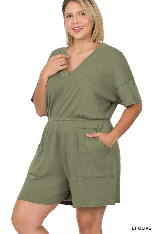 PLUS DROP SHOULDER V-NECK ROMPER WITH POCKETS ZENANA DUSTY TEAL 1X 