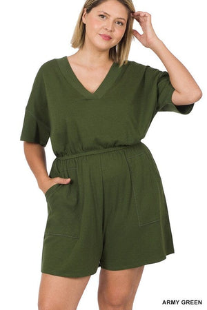 PLUS DROP SHOULDER V-NECK ROMPER WITH POCKETS ZENANA 