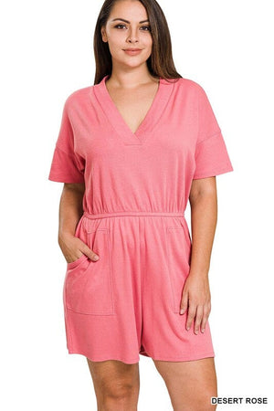 PLUS DROP SHOULDER V-NECK ROMPER WITH POCKETS ZENANA 