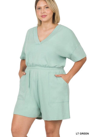 PLUS DROP SHOULDER V-NECK ROMPER WITH POCKETS ZENANA 