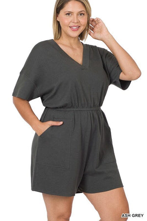 PLUS DROP SHOULDER V-NECK ROMPER WITH POCKETS ZENANA 