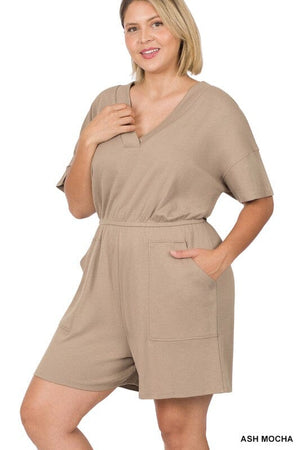 PLUS DROP SHOULDER V-NECK ROMPER WITH POCKETS ZENANA ASH MOCHA 1X 