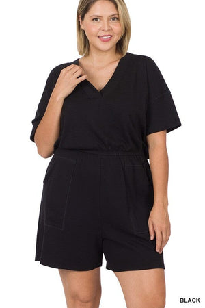 PLUS DROP SHOULDER V-NECK ROMPER WITH POCKETS ZENANA BLACK 1X 