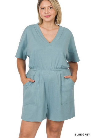 PLUS DROP SHOULDER V-NECK ROMPER WITH POCKETS ZENANA BLUE GREY 1X 