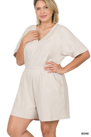 PLUS DROP SHOULDER V-NECK ROMPER WITH POCKETS ZENANA BONE 1X 