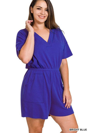 PLUS DROP SHOULDER V-NECK ROMPER WITH POCKETS ZENANA BRIGHT BLUE 1X 