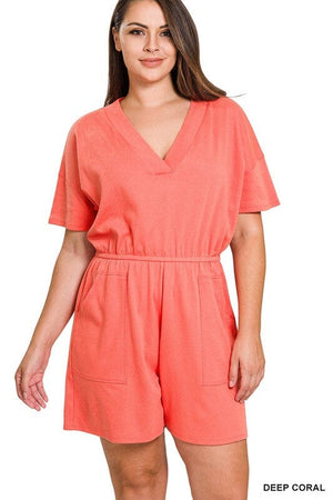 PLUS DROP SHOULDER V-NECK ROMPER WITH POCKETS ZENANA DEEP CORAL 1X 