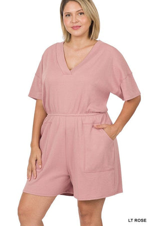 PLUS DROP SHOULDER V-NECK ROMPER WITH POCKETS ZENANA LT ROSE 1X 