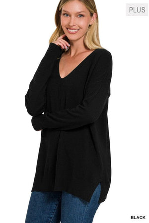 PLUS GARMENT DYED FRONT SEAM SWEATER ZENANA BLACK 1X/2X 