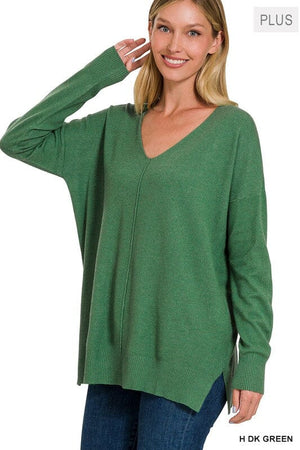 PLUS GARMENT DYED FRONT SEAM SWEATER ZENANA H DK GREEN 1X/2X 