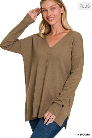 PLUS GARMENT DYED FRONT SEAM SWEATER ZENANA H MOCHA 1X/2X 