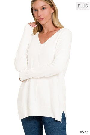 PLUS GARMENT DYED FRONT SEAM SWEATER ZENANA IVORY 1X/2X 