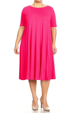 Plus Midi A-line Jersey knit Short sleeve Loose Moa Collection Hot Pink XL 