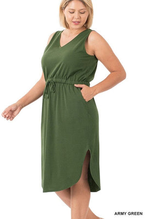 PLUS POLY COTTON DRAWSTRING WAIST CURVED HEM DRESS ZENANA ARMY GREEN 1X 