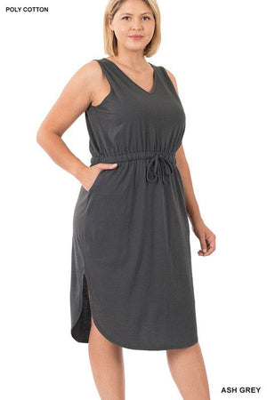 PLUS POLY COTTON DRAWSTRING WAIST CURVED HEM DRESS ZENANA ASH GREY 1X 