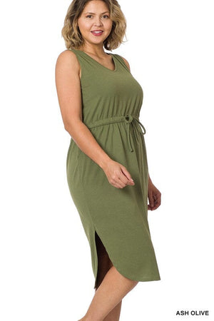 PLUS POLY COTTON DRAWSTRING WAIST CURVED HEM DRESS ZENANA ASH OLIVE 1X 