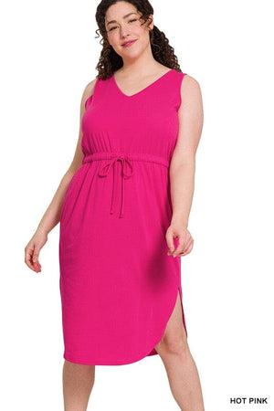 PLUS POLY COTTON DRAWSTRING WAIST CURVED HEM DRESS ZENANA HOT PINK 1X 