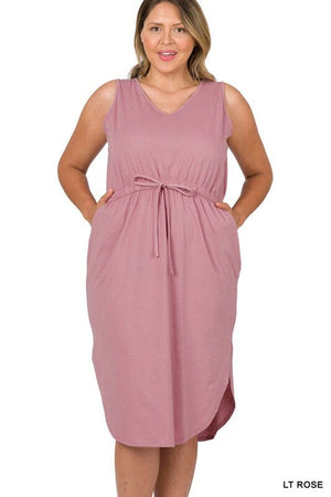 PLUS POLY COTTON DRAWSTRING WAIST CURVED HEM DRESS ZENANA LT ROSE 1X 