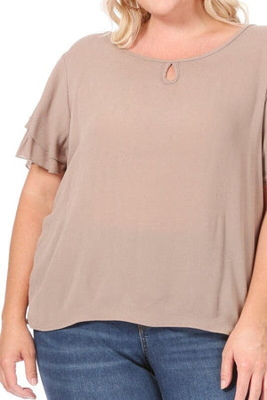 Plus size, short flutter sleeve keyhole blouse. Moa Collection 