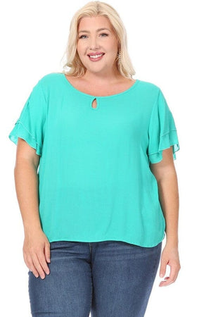 Plus size, short flutter sleeve keyhole blouse. Moa Collection Jade XL 