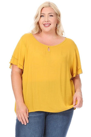 Plus size, short flutter sleeve keyhole blouse. Moa Collection Mustard XL 