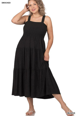 PLUS SMOCKED TIERED MIDI DRESS ZENANA BLACK 1X 