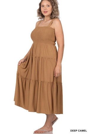 PLUS SMOCKED TIERED MIDI DRESS ZENANA DEEP CAMEL 1X 