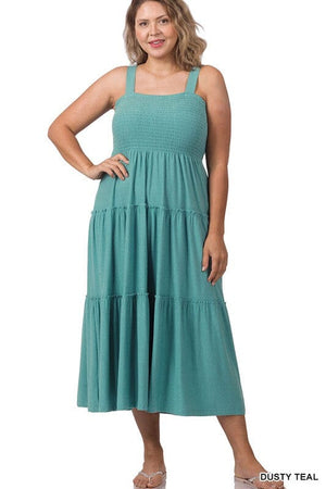 PLUS SMOCKED TIERED MIDI DRESS ZENANA DUSTY TEAL 1X 