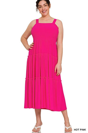 PLUS SMOCKED TIERED MIDI DRESS ZENANA HOT PINK 1X 