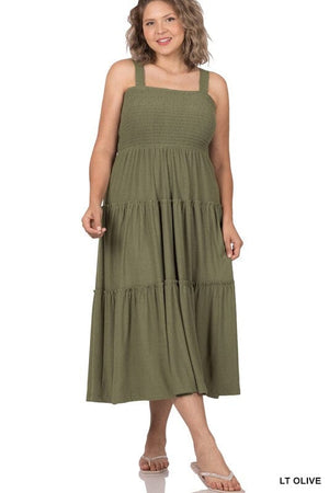 PLUS SMOCKED TIERED MIDI DRESS ZENANA LT OLIVE 1X 