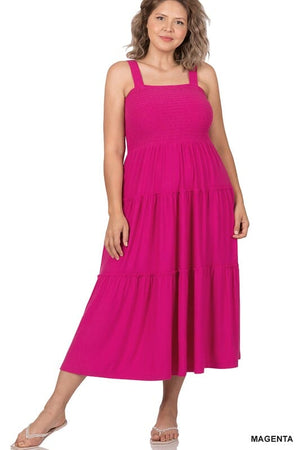 PLUS SMOCKED TIERED MIDI DRESS ZENANA MAGENTA 1X 