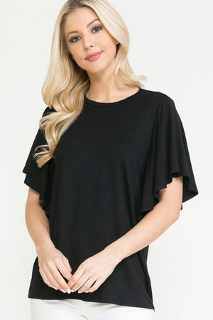 Plus Solid Short Butterfly Sleeve Round Neck Top Acting Pro Black 1XL 
