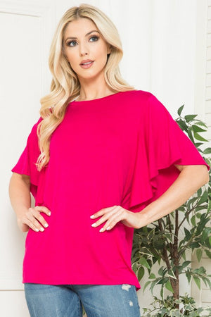 Plus Solid Short Butterfly Sleeve Round Neck Top Acting Pro fuchsia 1XL 