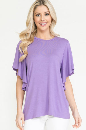 Plus Solid Short Butterfly Sleeve Round Neck Top Acting Pro LAVENDER 1XL 