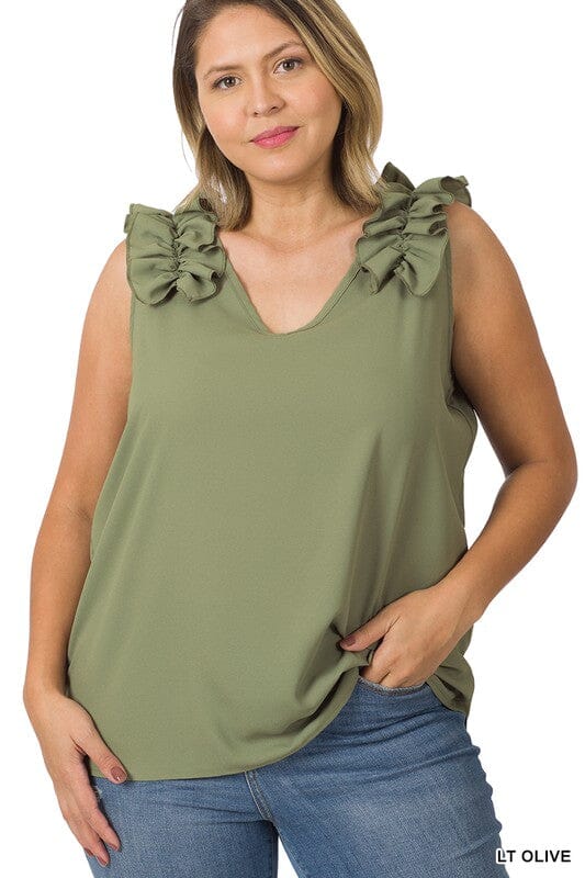 PLUS WOVEN WOOL DOBBY RUFFLE TRIM SLEEVELESS TOP ZENANA LT ROSE 1X 