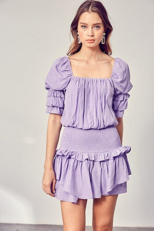PUFF SLEEVE SMOCKED WAIST ROMPER Do + Be Collection LAVENDER S 