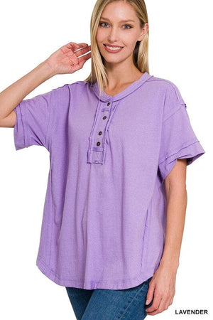 RAW EDGE DETAILED BUTTON CLOSURE SHORT SLEEVE TOP ZENANA 