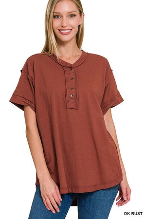 RAW EDGE DETAILED BUTTON CLOSURE SHORT SLEEVE TOP ZENANA 