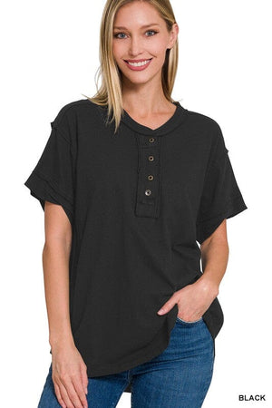 RAW EDGE DETAILED BUTTON CLOSURE SHORT SLEEVE TOP ZENANA BLACK S 