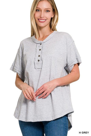 RAW EDGE DETAILED BUTTON CLOSURE SHORT SLEEVE TOP ZENANA H GREY S 