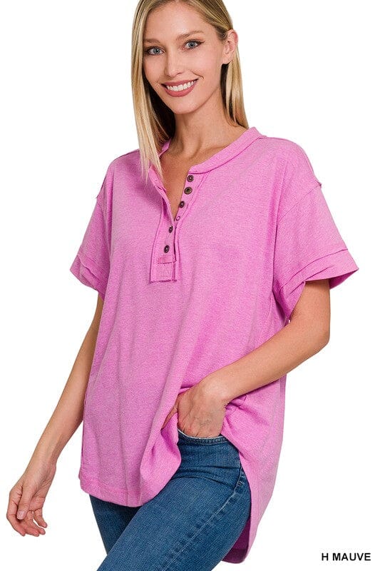 RAW EDGE DETAILED BUTTON CLOSURE SHORT SLEEVE TOP ZENANA H MAUVE S 