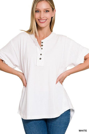 RAW EDGE DETAILED BUTTON CLOSURE SHORT SLEEVE TOP ZENANA WHITE S 