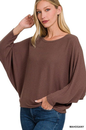 RIBBED BATWING LONG SLEEVE BOAT NECK SWEATER ZENANA 