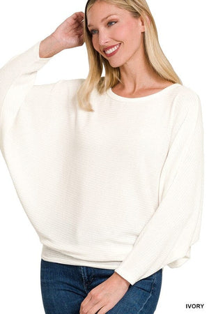 RIBBED BATWING LONG SLEEVE BOAT NECK SWEATER ZENANA 