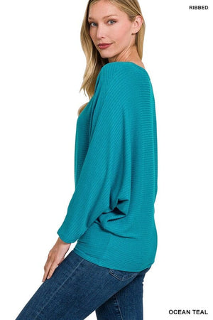 RIBBED BATWING LONG SLEEVE BOAT NECK SWEATER ZENANA 