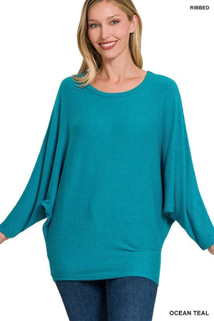 RIBBED BATWING LONG SLEEVE BOAT NECK SWEATER ZENANA 