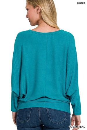 RIBBED BATWING LONG SLEEVE BOAT NECK SWEATER ZENANA 