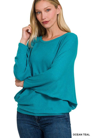 RIBBED BATWING LONG SLEEVE BOAT NECK SWEATER ZENANA 