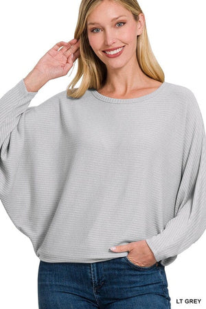 RIBBED BATWING LONG SLEEVE BOAT NECK SWEATER ZENANA 